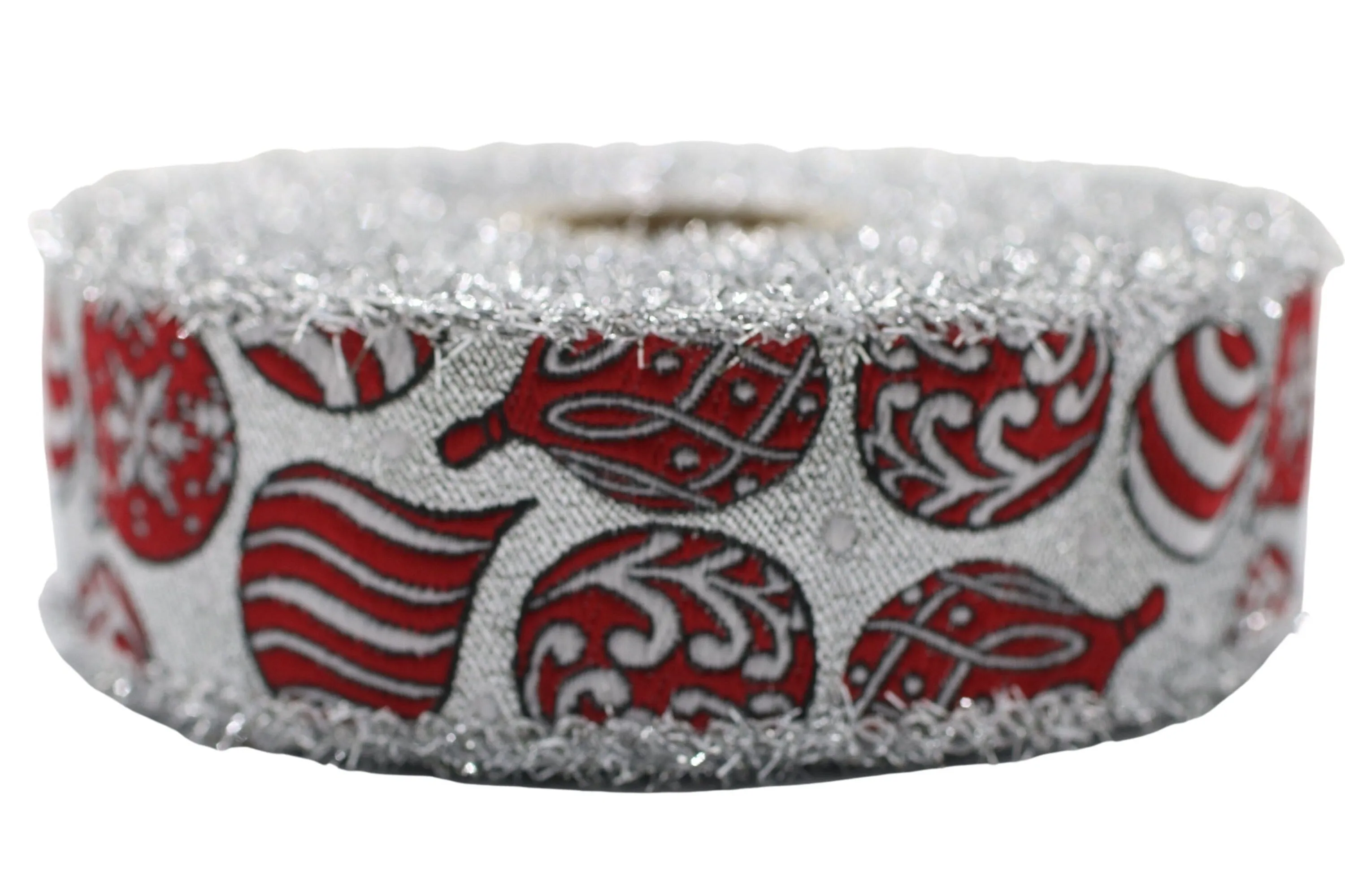 1.37 inch Glittered Silver Christmas Ornaments Jacquard Ribbon, Embroidered Trim Tape, New Year trim, Christmas Decor Trim by the yard
