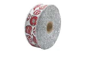 1.37 inch Glittered Silver Christmas Ornaments Jacquard Ribbon, Embroidered Trim Tape, New Year trim, Christmas Decor Trim by the yard