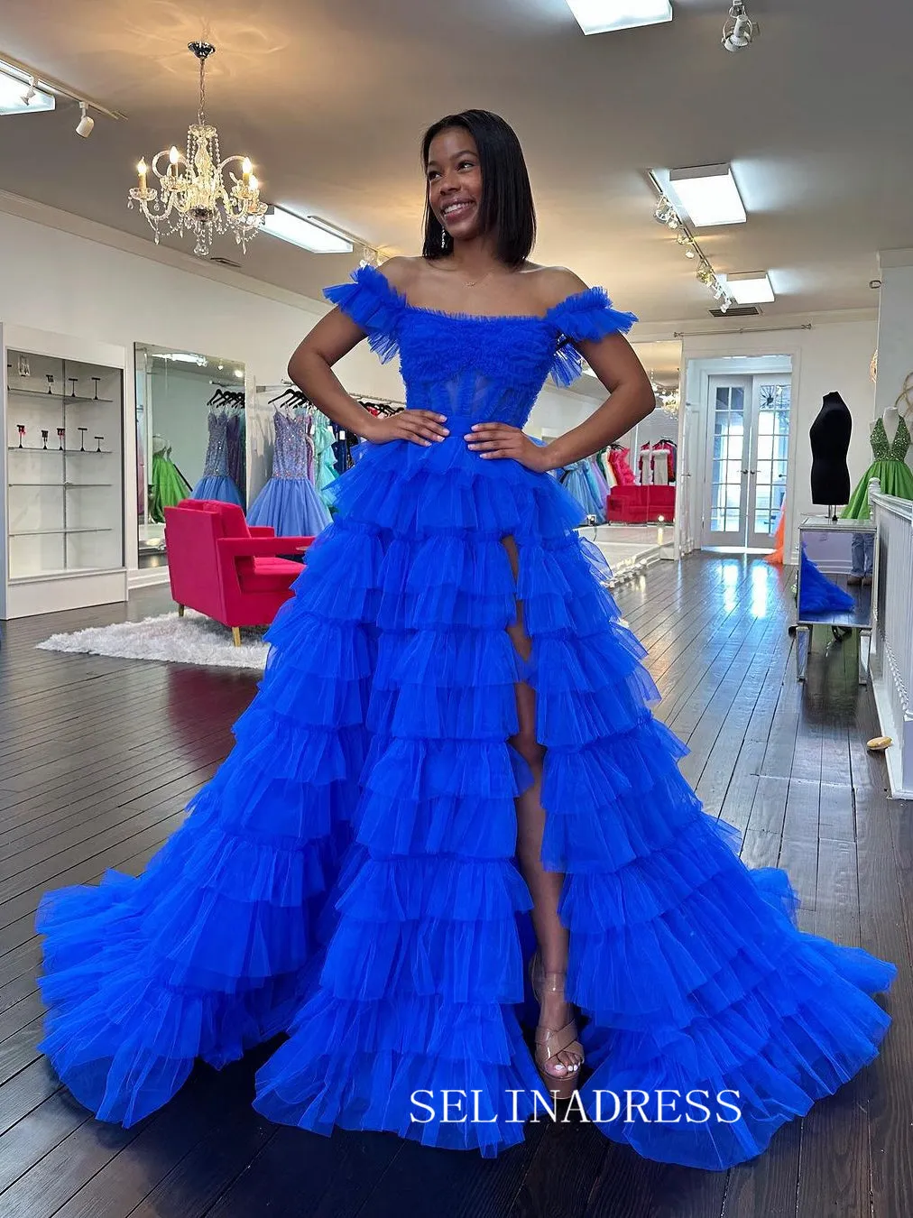 A-line Off-the-shoulder Ruffles Tulle Long Prom Dress Evening Dress lpk927