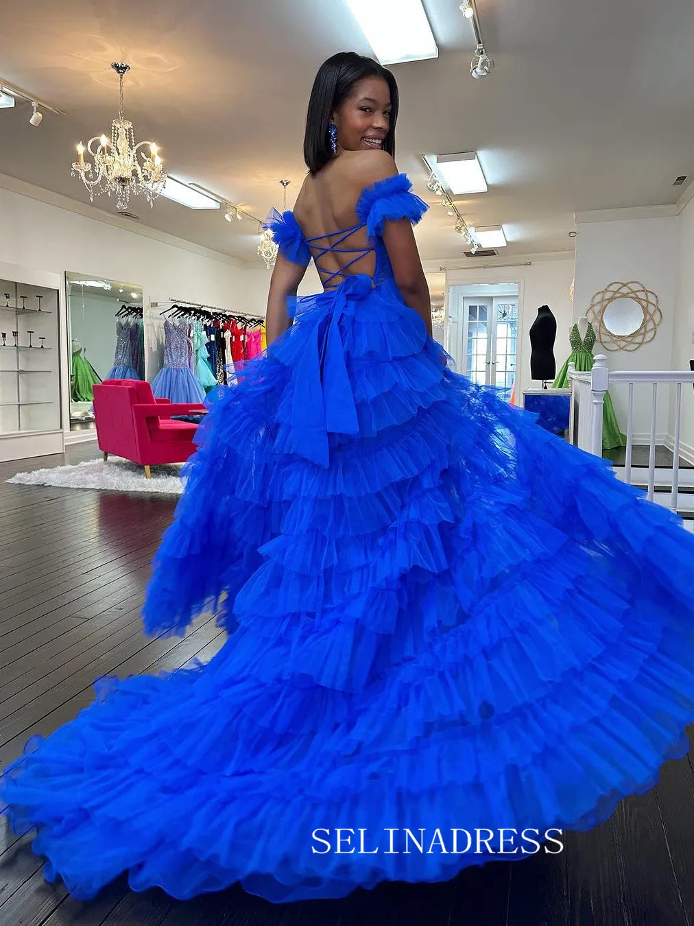 A-line Off-the-shoulder Ruffles Tulle Long Prom Dress Evening Dress lpk927