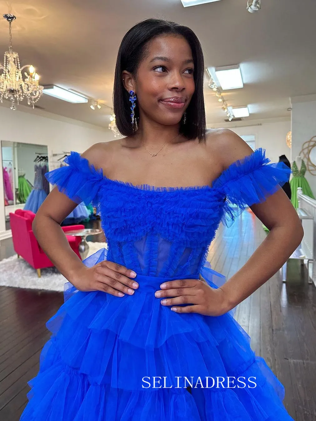 A-line Off-the-shoulder Ruffles Tulle Long Prom Dress Evening Dress lpk927
