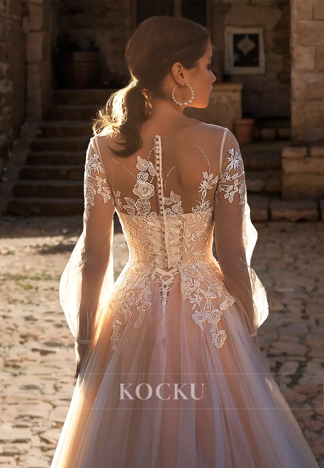 A-Line Scoop Neck Long Sleeves Appliques Pleats Lace Wedding Dress Boho Gowns with Train