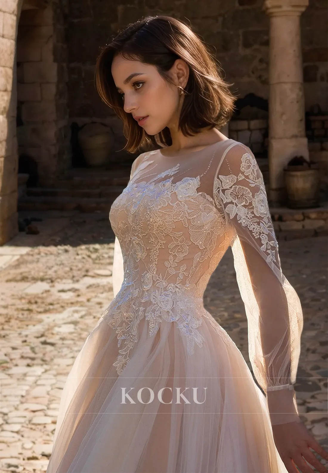 A-Line Scoop Neck Long Sleeves Appliques Pleats Lace Wedding Dress Boho Gowns with Train