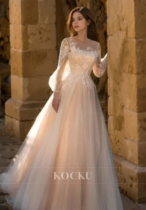 A-Line Scoop Neck Long Sleeves Appliques Pleats Lace Wedding Dress Boho Gowns with Train