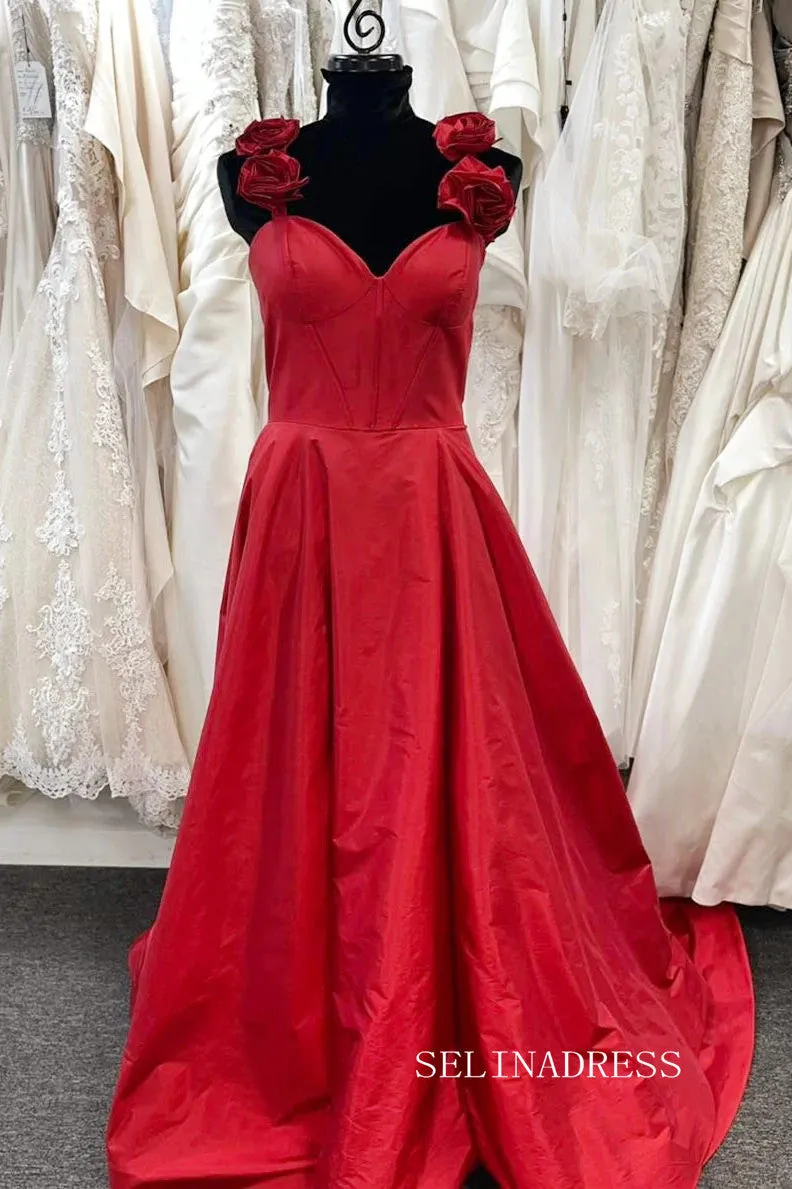 A-line Straps Red Satin Prom Dress With Slit lpk590
