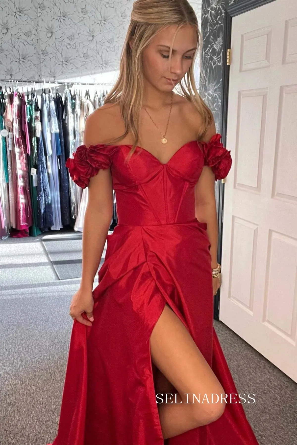 A-line Straps Red Satin Prom Dress With Slit lpk590