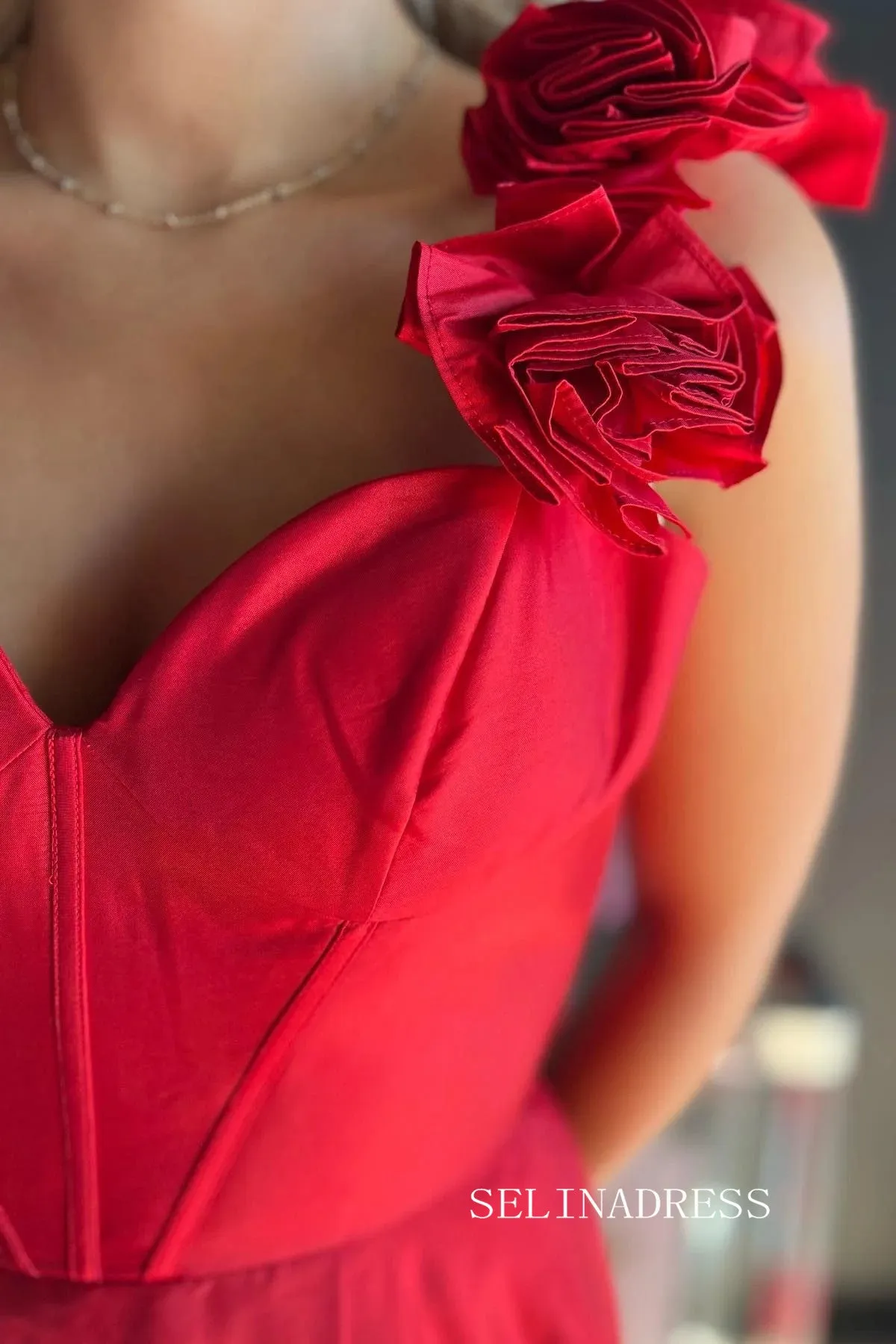 A-line Straps Red Satin Prom Dress With Slit lpk590
