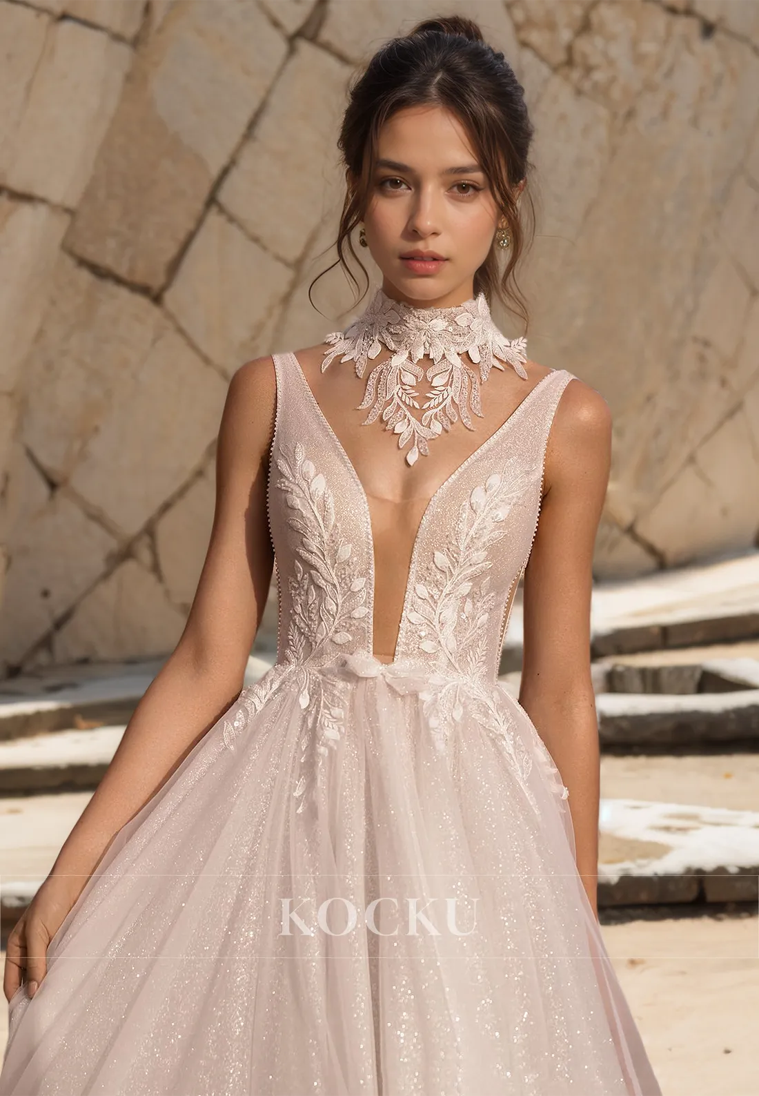 A-Line V-Neck Straps Sleeveless Pleated Glitter Lace Beach Wedding Dress Boho Gowns with Appliques