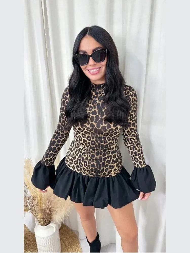 Advbridge Ruffles Hem Contrasting Patchwork Leopard Printed Mini Dress Fashion O Neck Long Sleeves Short Dresses Chic Lady Street Vestidos