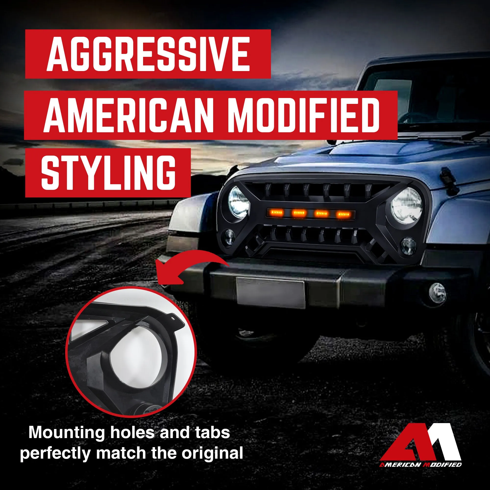 AMERICAN MODIFIED Armor Grille with Amber Lights, 07-08 Jeep Wrangler JK, Black