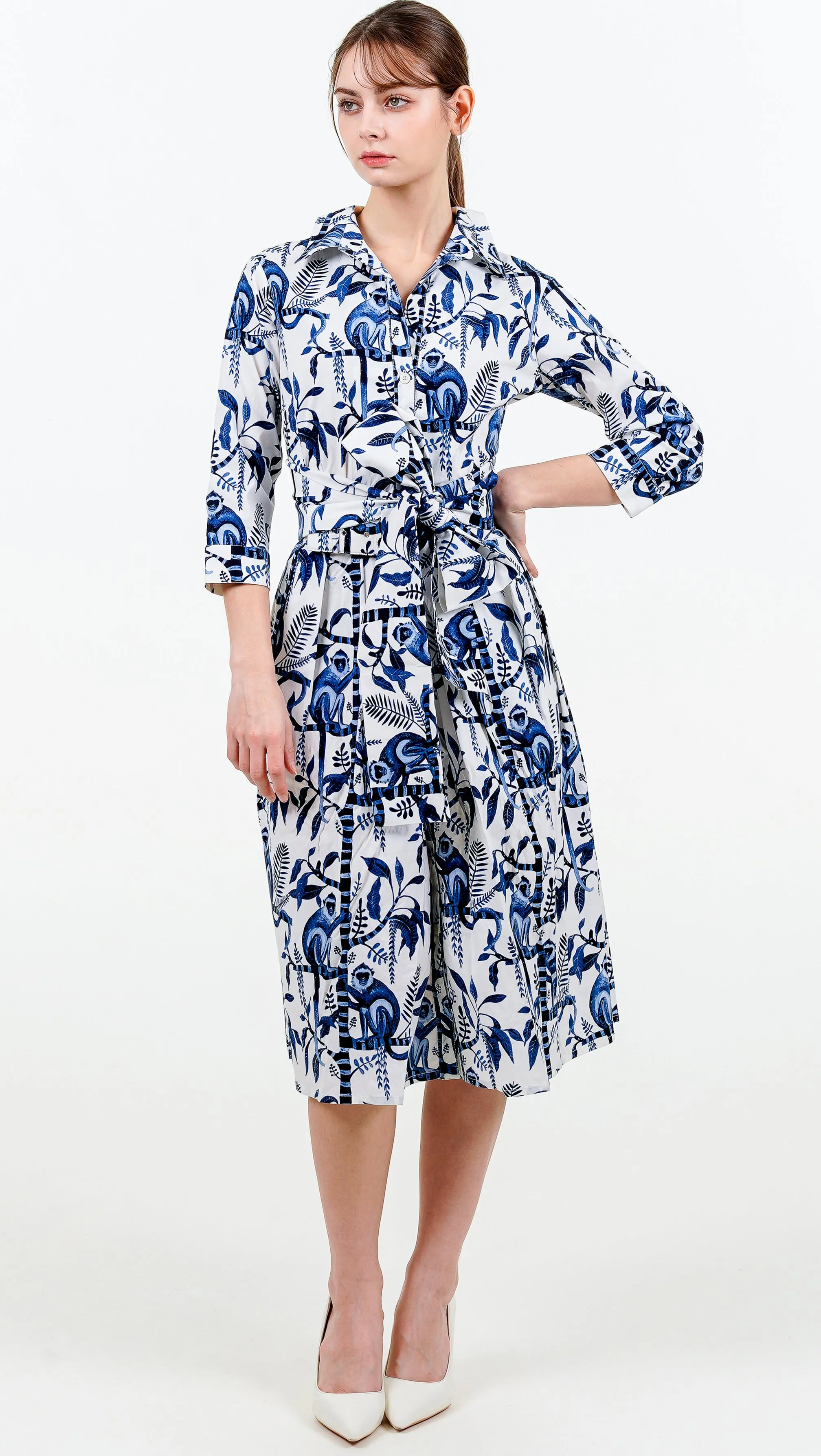 Audrey Dress #1 Shirt Collar 3/4 Sleeve Long Length Cotton Stretch (Botanical Monkey)