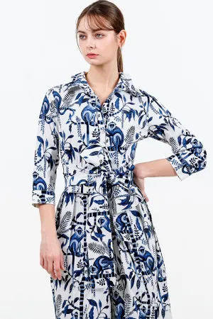 Audrey Dress #1 Shirt Collar 3/4 Sleeve Long Length Cotton Stretch (Botanical Monkey)