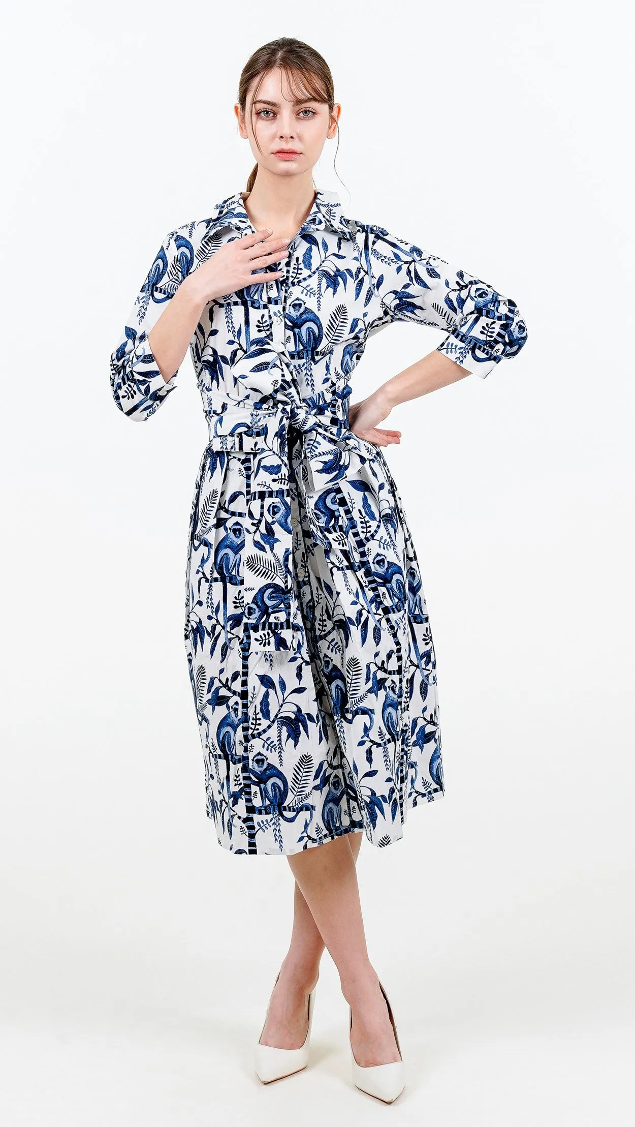 Audrey Dress #1 Shirt Collar 3/4 Sleeve Long Length Cotton Stretch (Botanical Monkey)