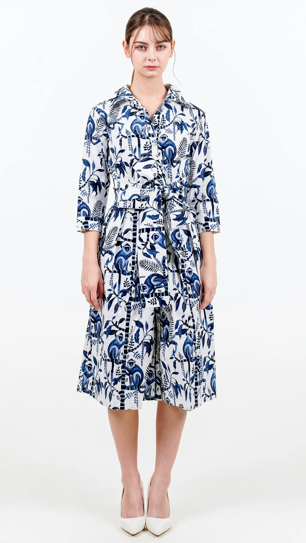 Audrey Dress #1 Shirt Collar 3/4 Sleeve Long Length Cotton Stretch (Botanical Monkey)