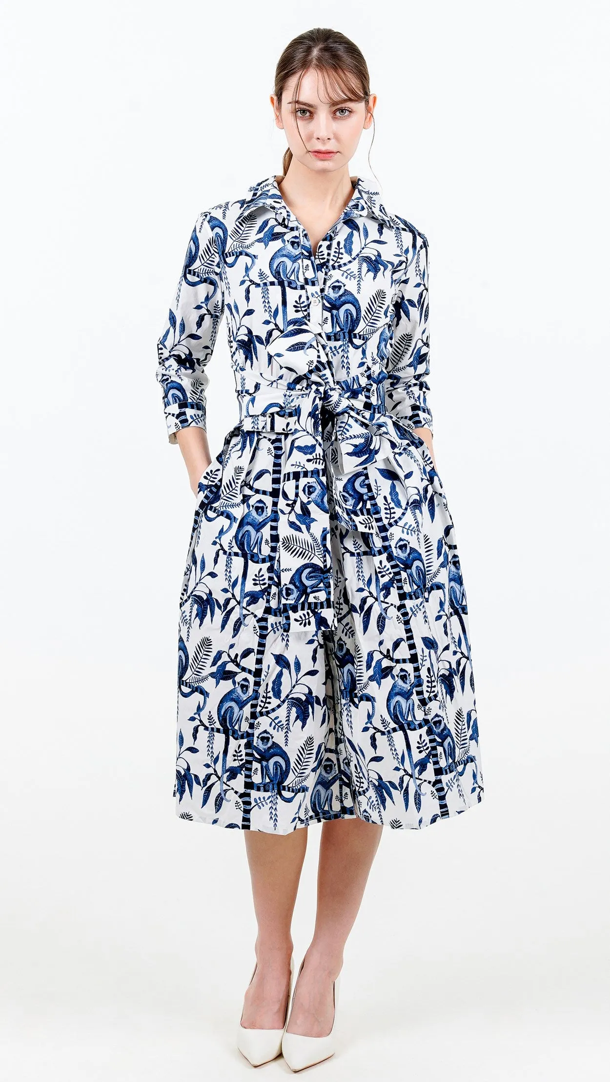 Audrey Dress #1 Shirt Collar 3/4 Sleeve Long Length Cotton Stretch (Botanical Monkey)