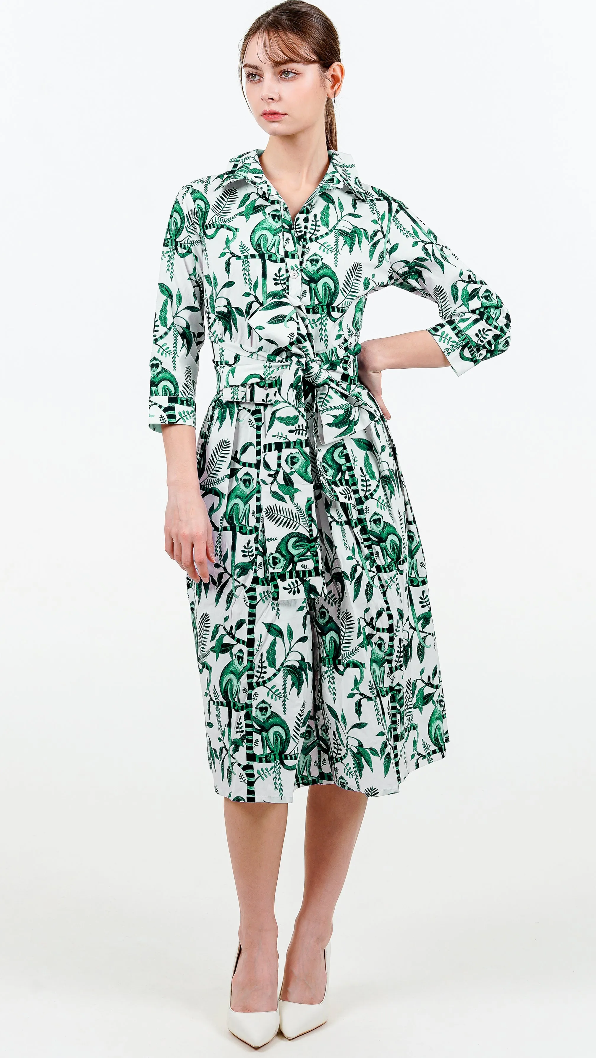 Audrey Dress #1 Shirt Collar 3/4 Sleeve Long Length Cotton Stretch (Botanical Monkey)