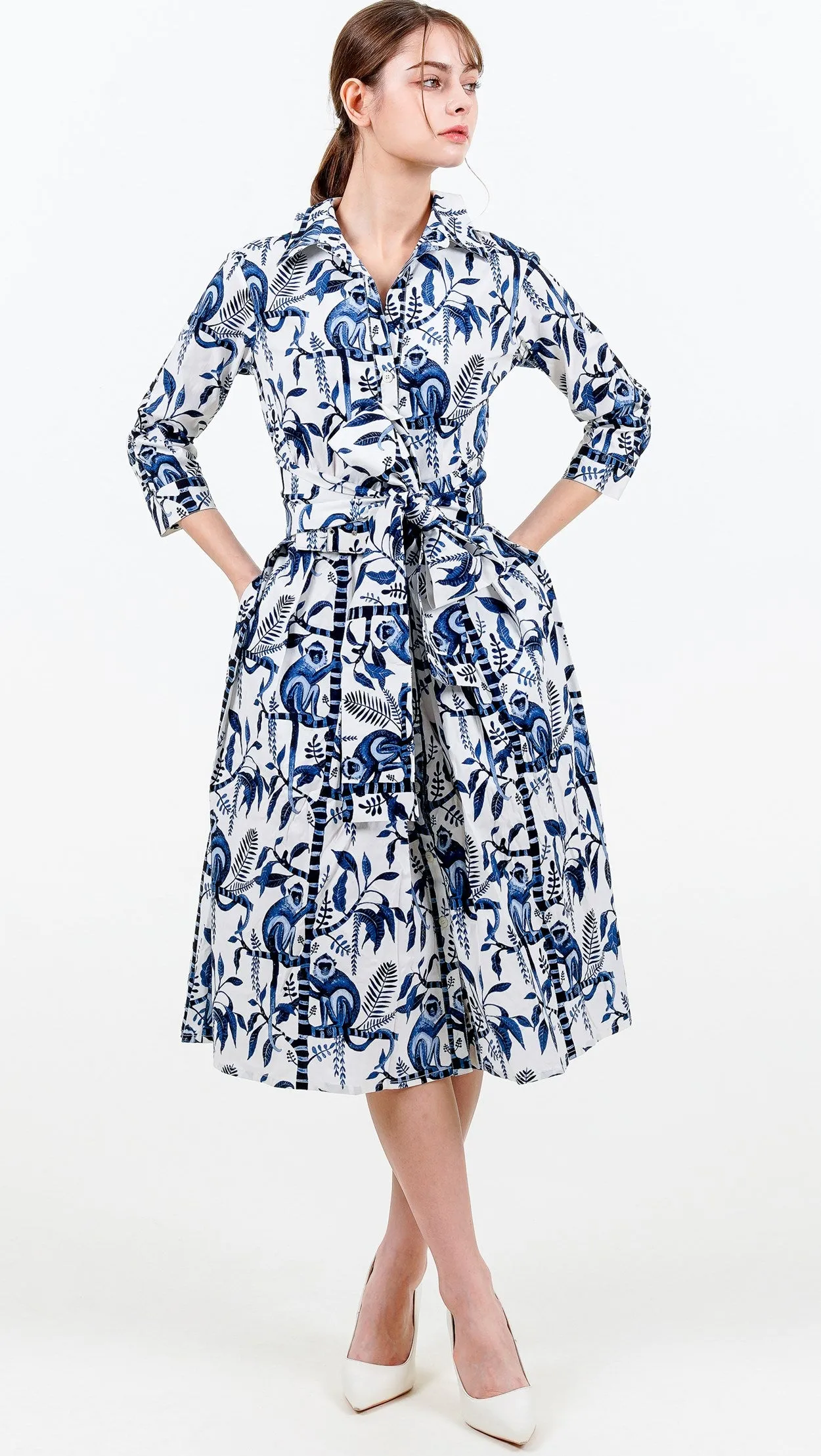 Audrey Dress #1 Shirt Collar 3/4 Sleeve Long Length Cotton Stretch (Botanical Monkey)