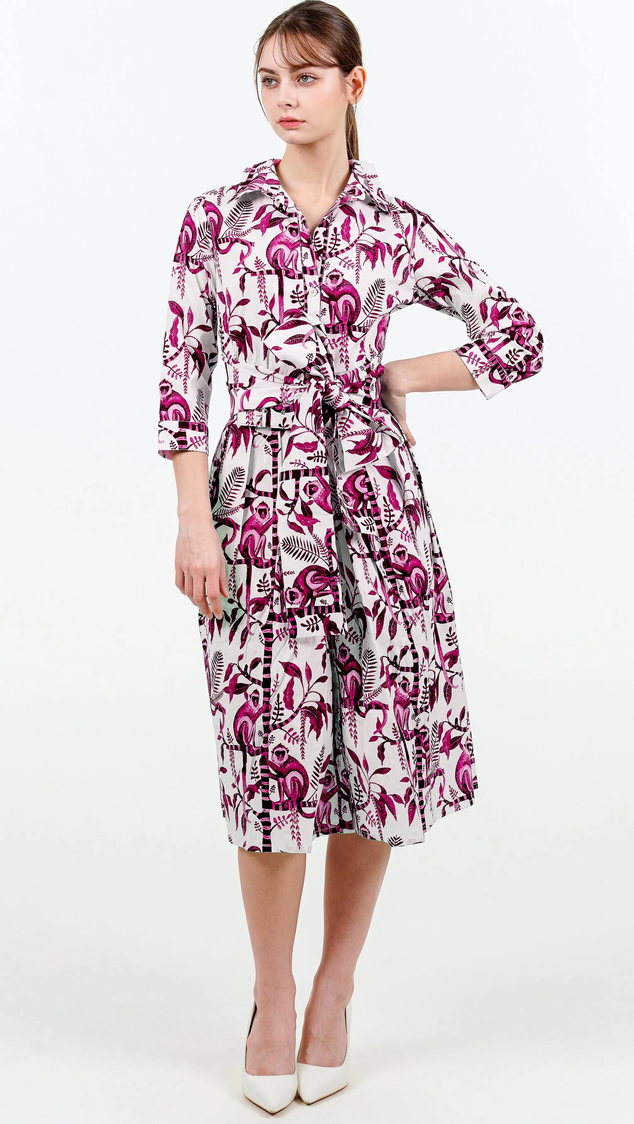 Audrey Dress #1 Shirt Collar 3/4 Sleeve Long Length Cotton Stretch (Botanical Monkey)