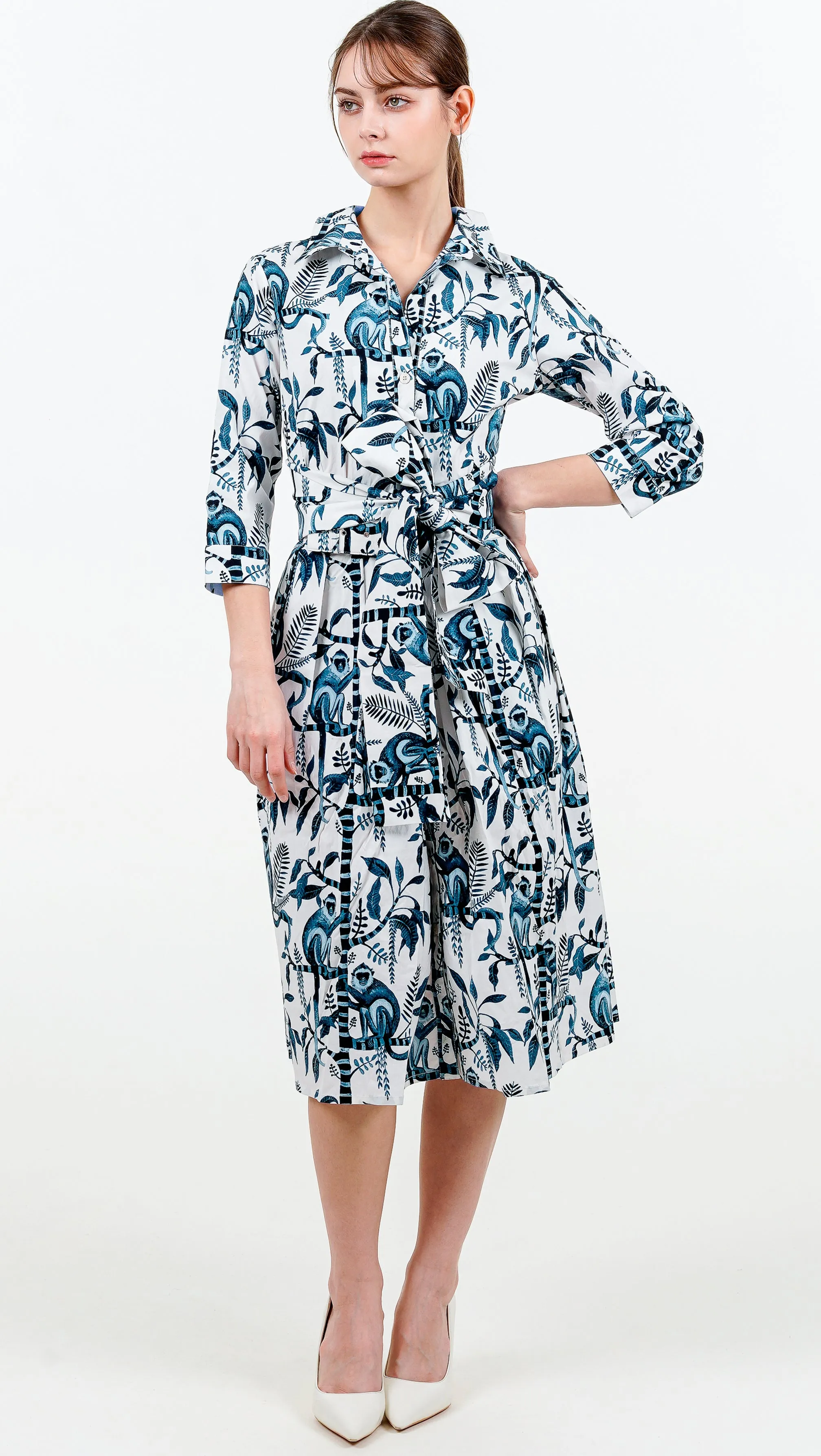 Audrey Dress #1 Shirt Collar 3/4 Sleeve Long Length Cotton Stretch (Botanical Monkey)
