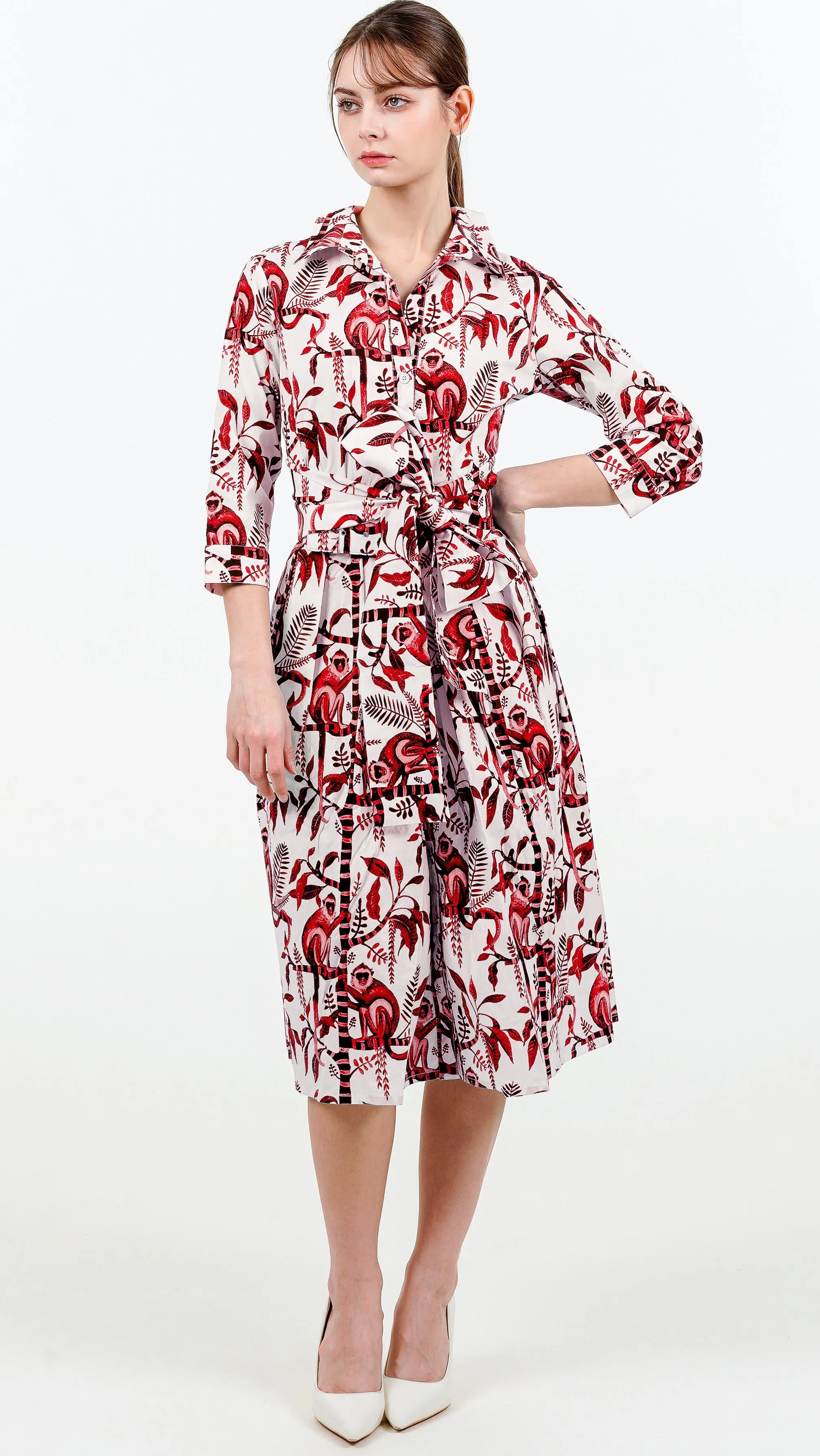 Audrey Dress #1 Shirt Collar 3/4 Sleeve Long Length Cotton Stretch (Botanical Monkey)