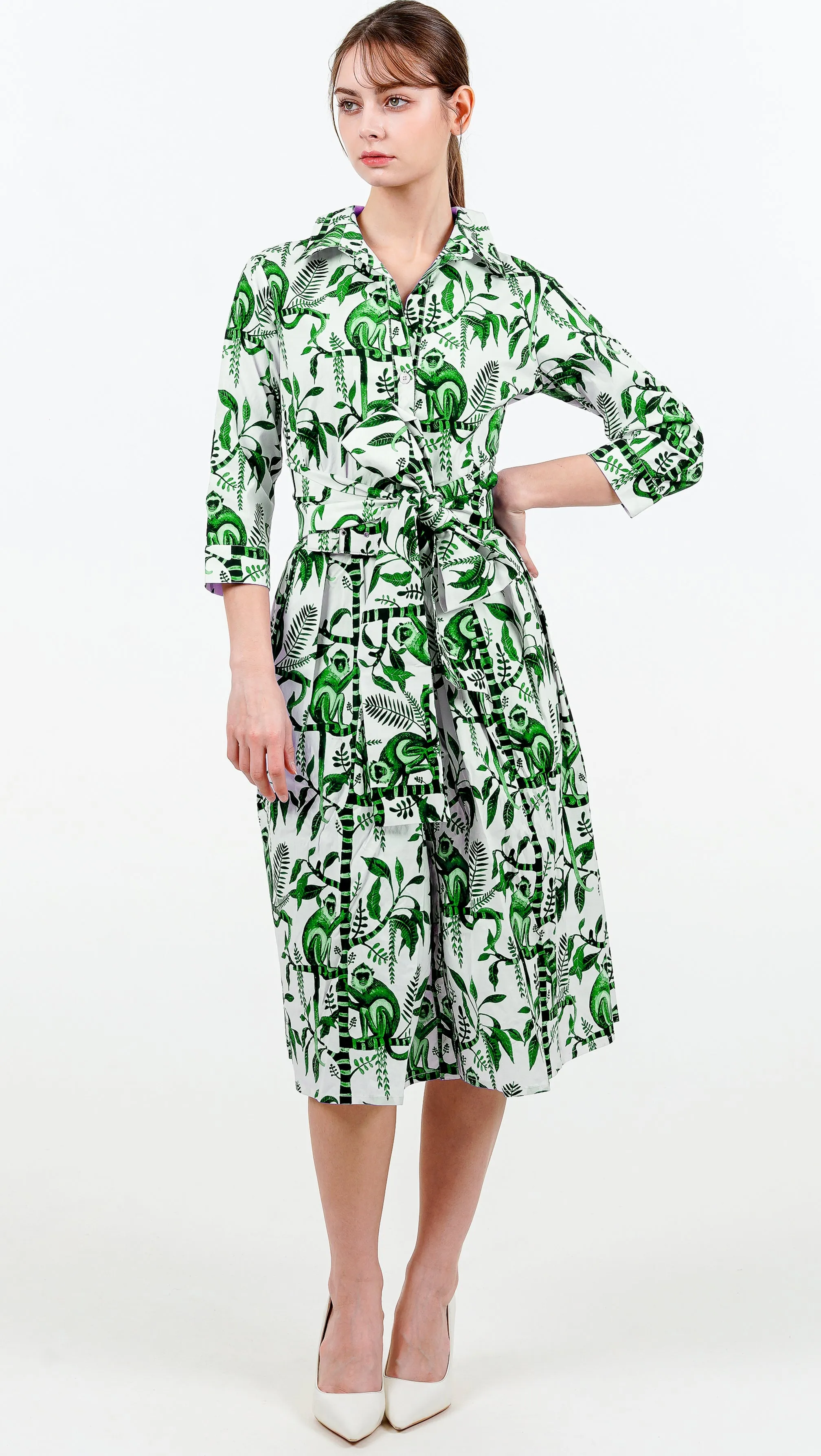 Audrey Dress #1 Shirt Collar 3/4 Sleeve Long Length Cotton Stretch (Botanical Monkey)