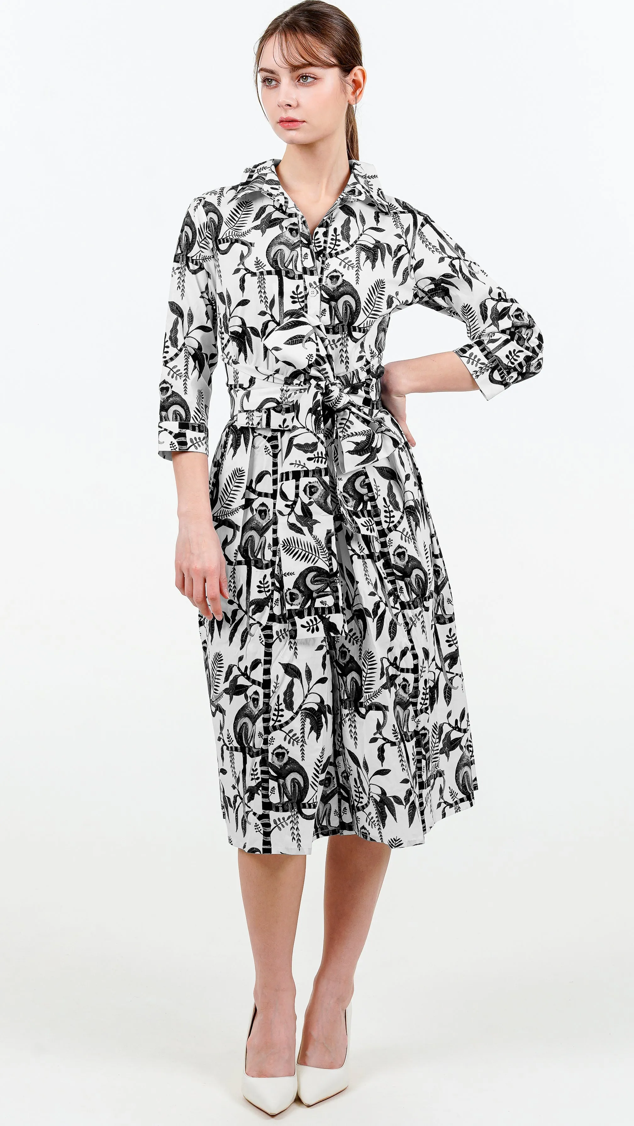 Audrey Dress #1 Shirt Collar 3/4 Sleeve Long Length Cotton Stretch (Botanical Monkey)