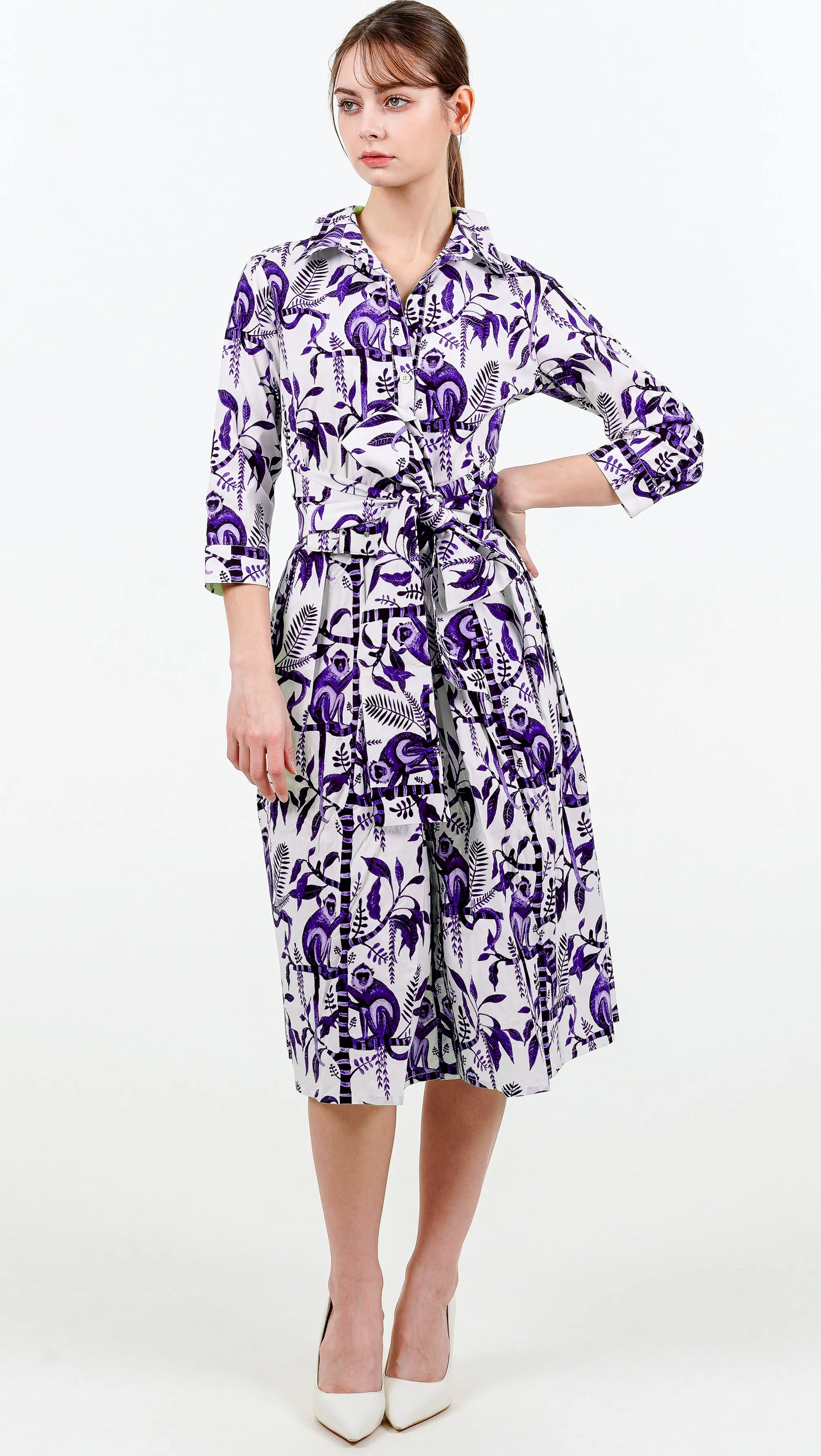 Audrey Dress #1 Shirt Collar 3/4 Sleeve Long Length Cotton Stretch (Botanical Monkey)