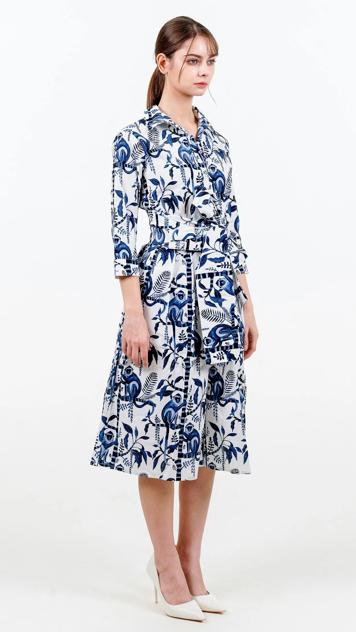 Audrey Dress #1 Shirt Collar 3/4 Sleeve Long Length Cotton Stretch (Botanical Monkey)