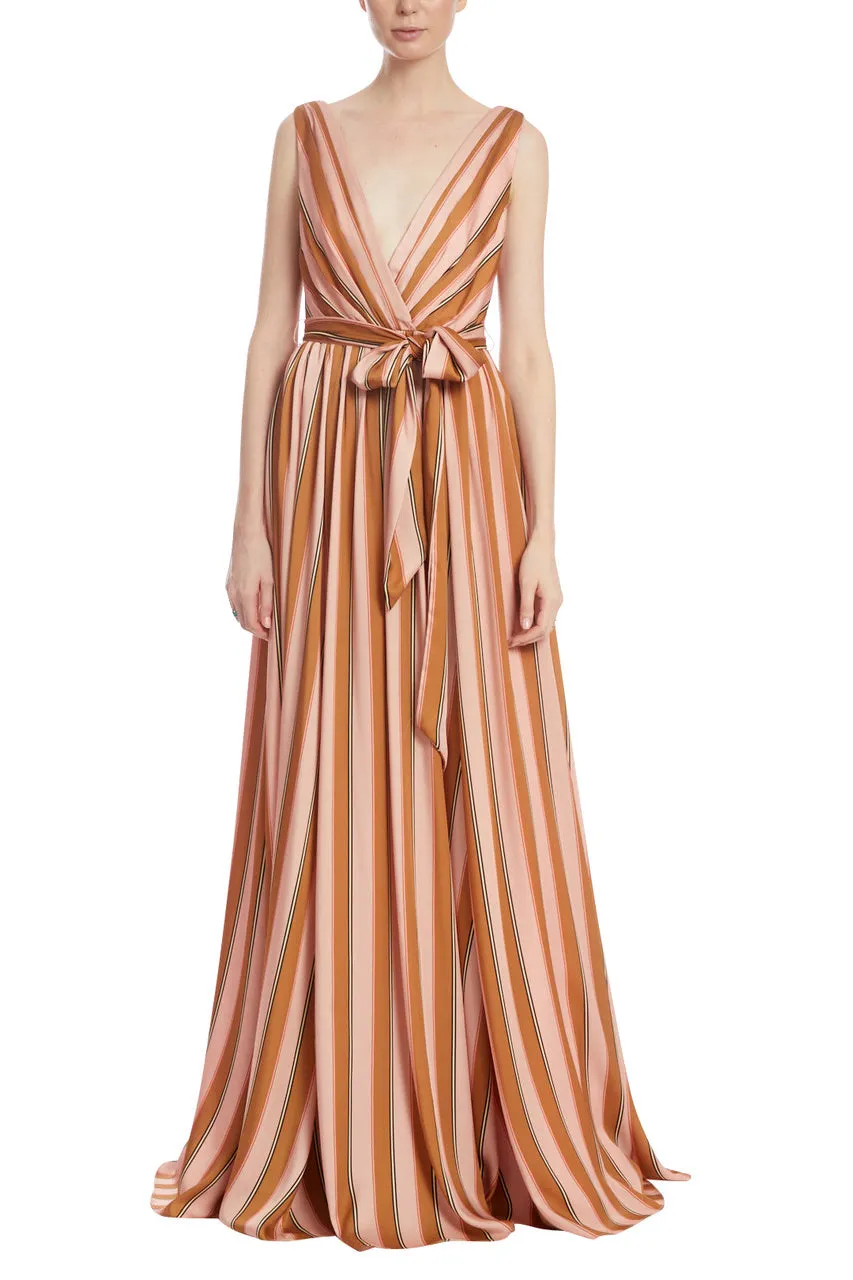 Badgley Mischka V-neck sleeveless tie waist zipper closure vintage striped twill gown