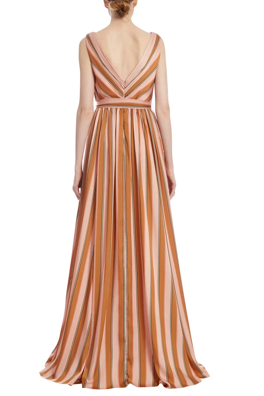 Badgley Mischka V-neck sleeveless tie waist zipper closure vintage striped twill gown
