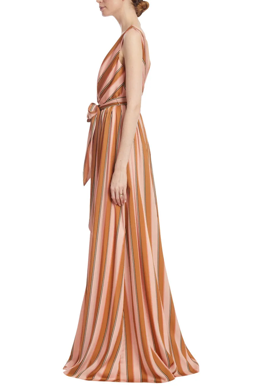 Badgley Mischka V-neck sleeveless tie waist zipper closure vintage striped twill gown
