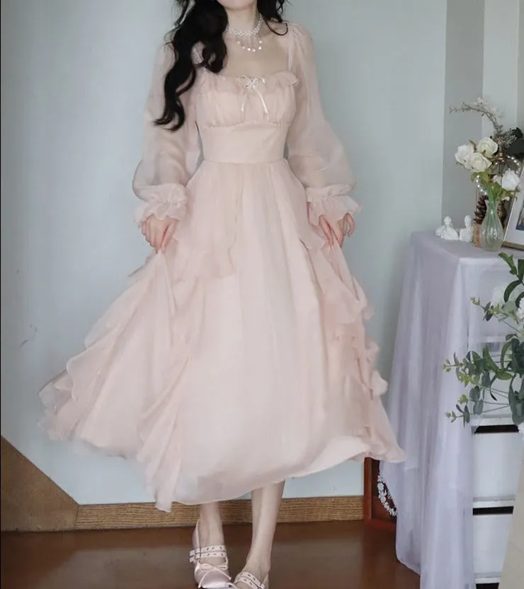 Blue Angel Classic Fairytale Princess White Pink Tulle Ribbon Bow Long Fairy Dress