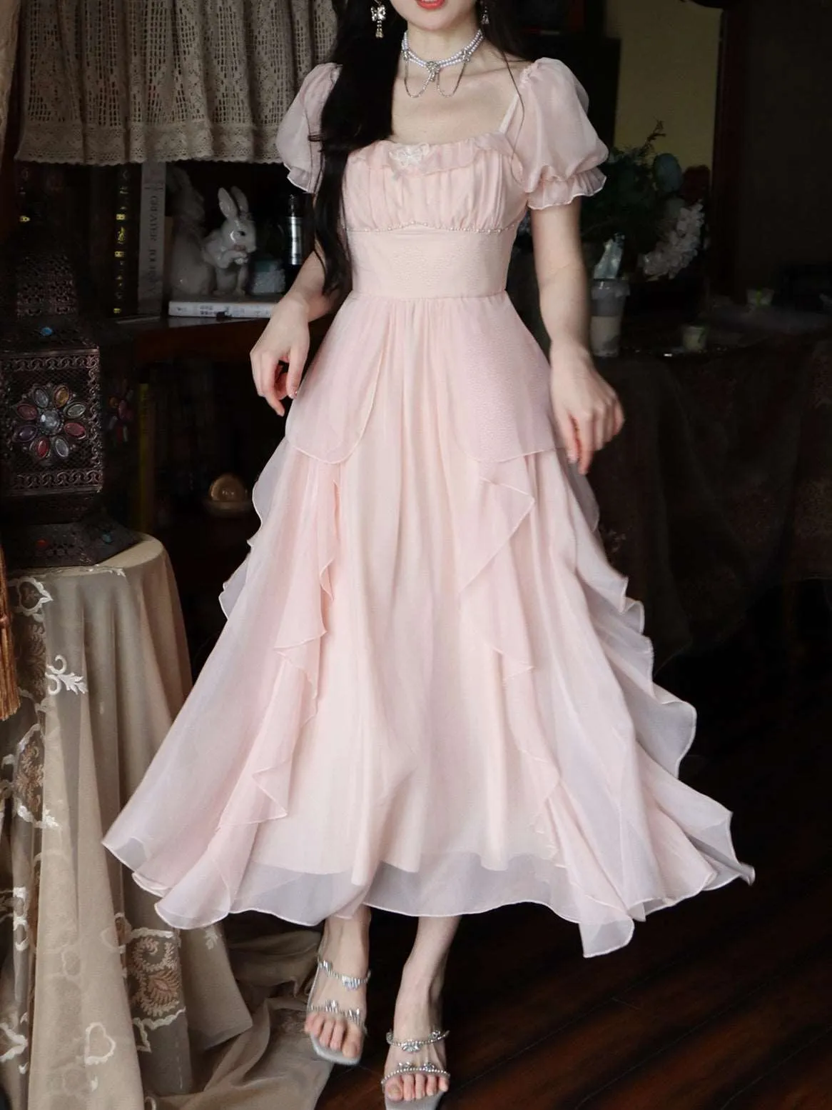 Blue Angel Classic Fairytale Princess White Pink Tulle Ribbon Bow Long Fairy Dress