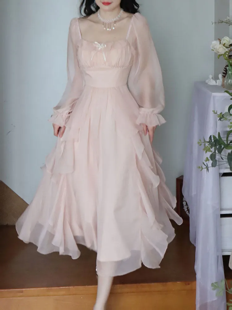 Blue Angel Classic Fairytale Princess White Pink Tulle Ribbon Bow Long Fairy Dress