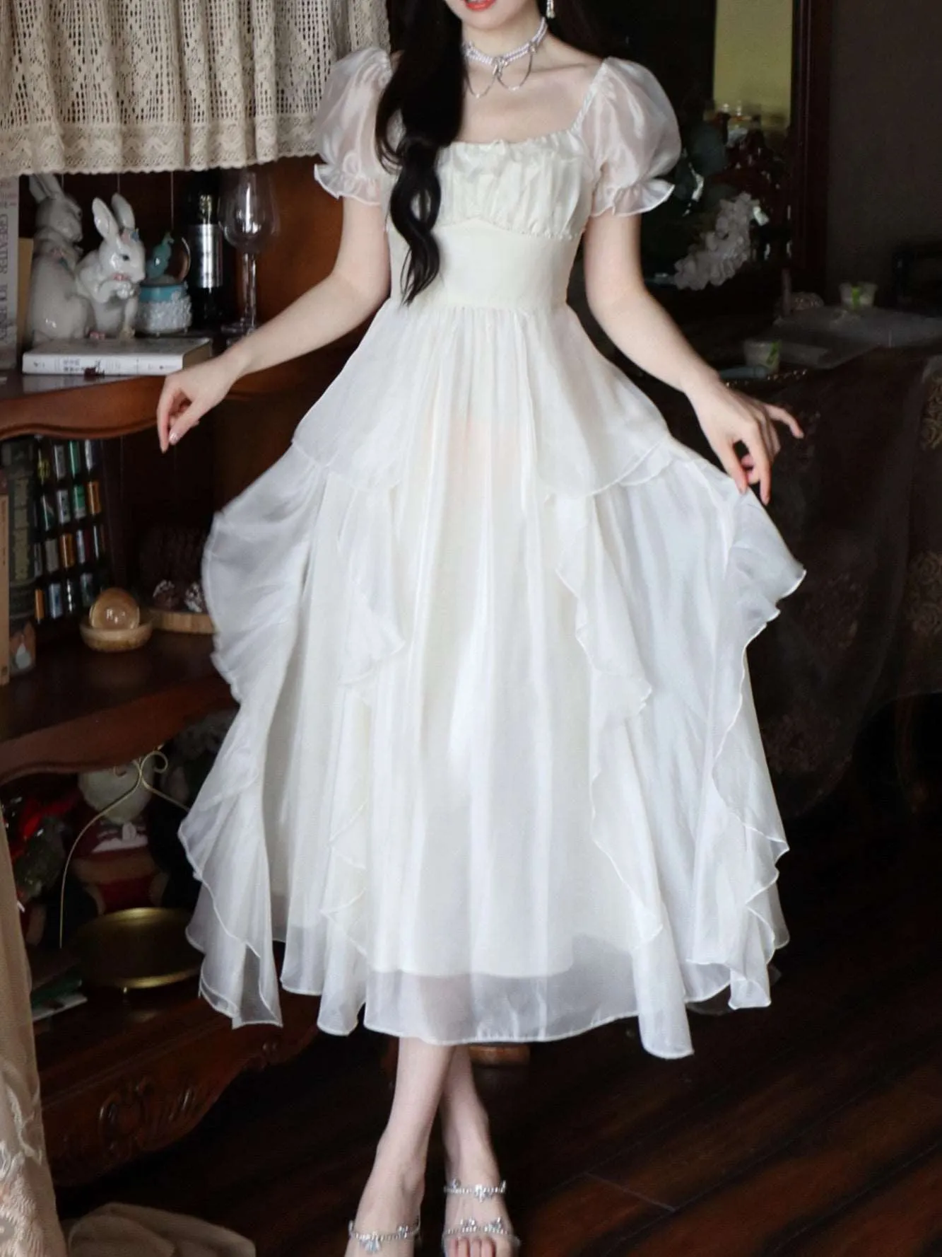 Blue Angel Classic Fairytale Princess White Pink Tulle Ribbon Bow Long Fairy Dress