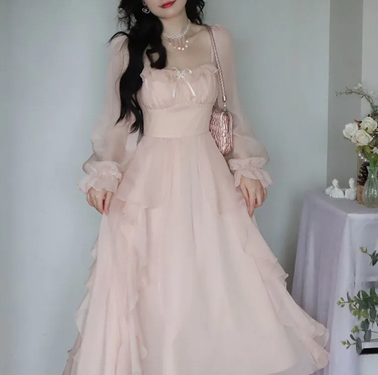 Blue Angel Classic Fairytale Princess White Pink Tulle Ribbon Bow Long Fairy Dress