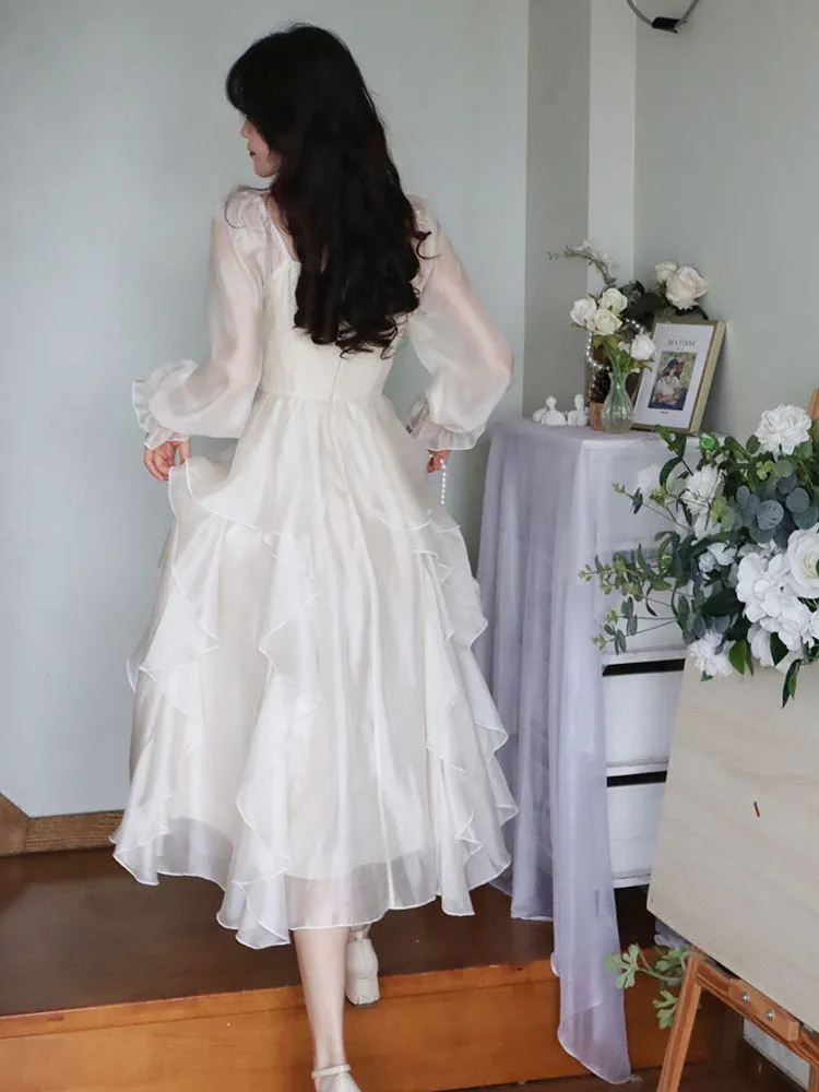 Blue Angel Classic Fairytale Princess White Pink Tulle Ribbon Bow Long Fairy Dress