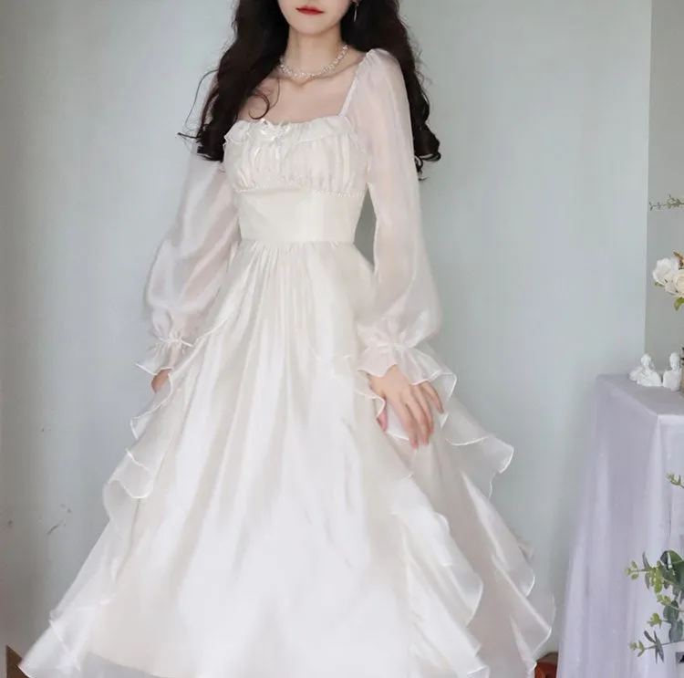 Blue Angel Classic Fairytale Princess White Pink Tulle Ribbon Bow Long Fairy Dress