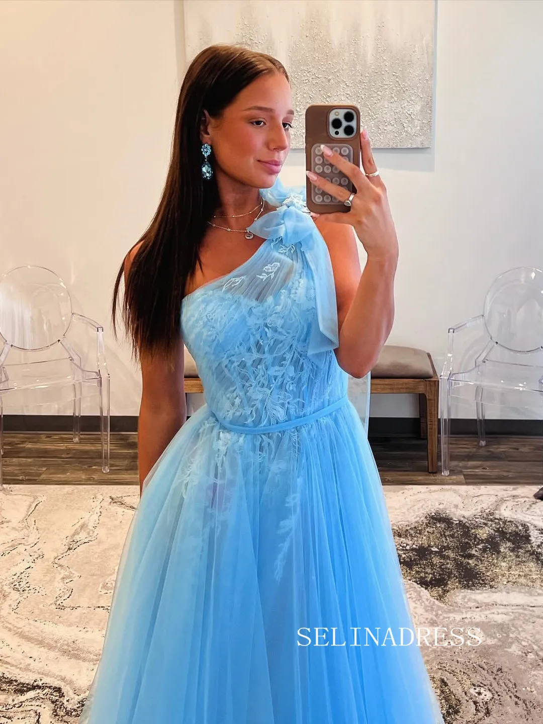 Blue One Shoulder Lace Tulle Long Prom Dress Cheap Evening Gown SEW1259