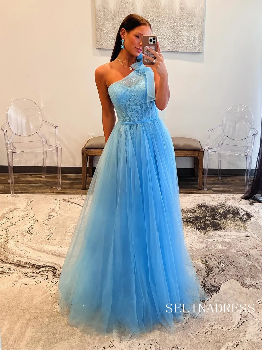 Blue One Shoulder Lace Tulle Long Prom Dress Cheap Evening Gown SEW1259