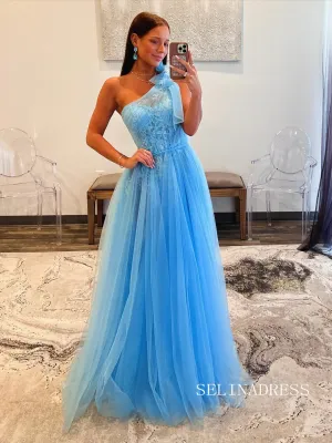 Blue One Shoulder Lace Tulle Long Prom Dress Cheap Evening Gown SEW1259