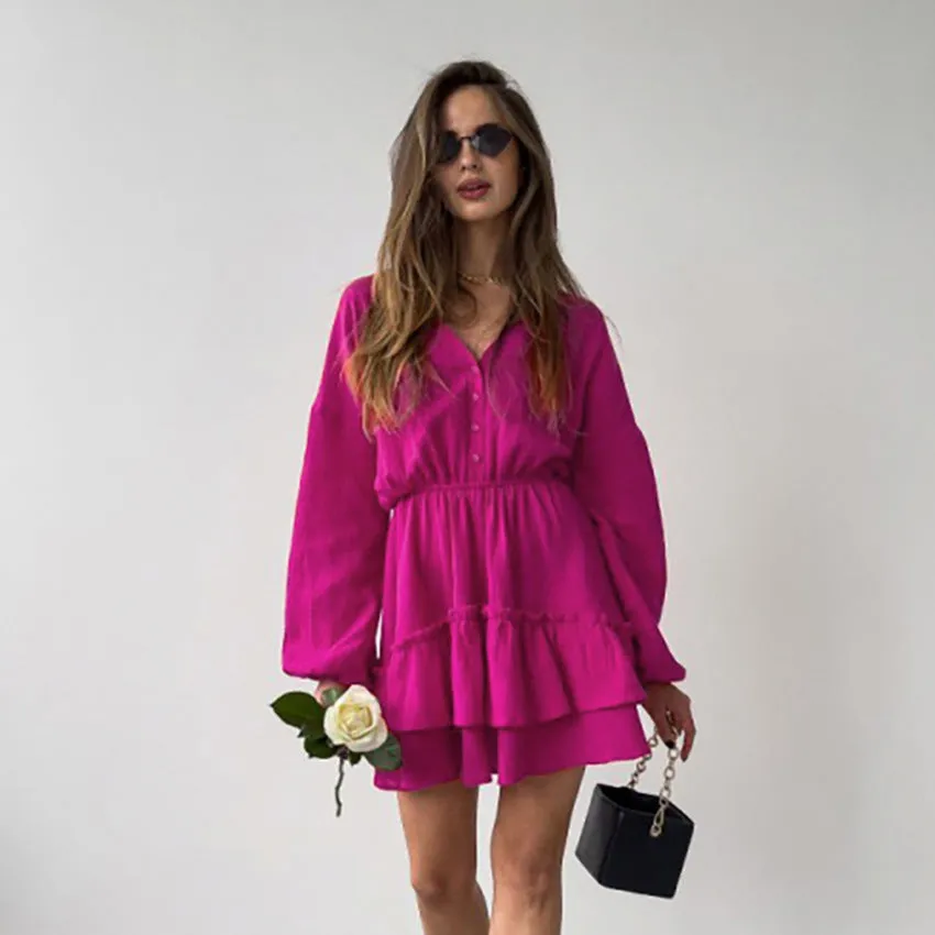 Button-Down Long-Sleeve Commuter Simple Fashion Lantern Sleeve Cake Dress Wholesale Dresses