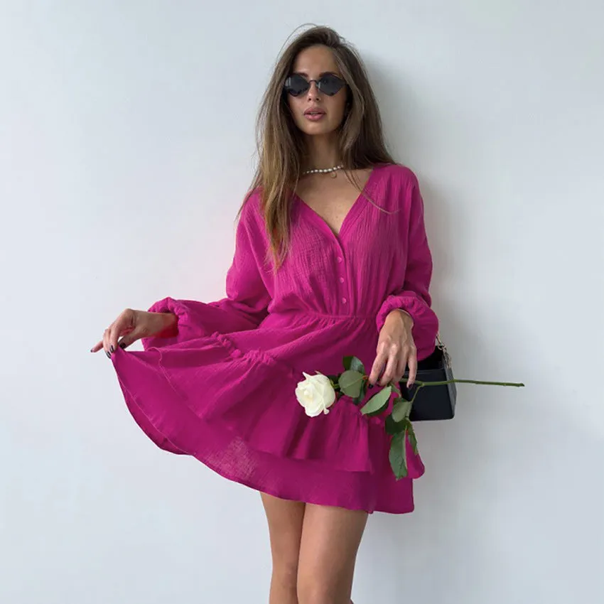 Button-Down Long-Sleeve Commuter Simple Fashion Lantern Sleeve Cake Dress Wholesale Dresses