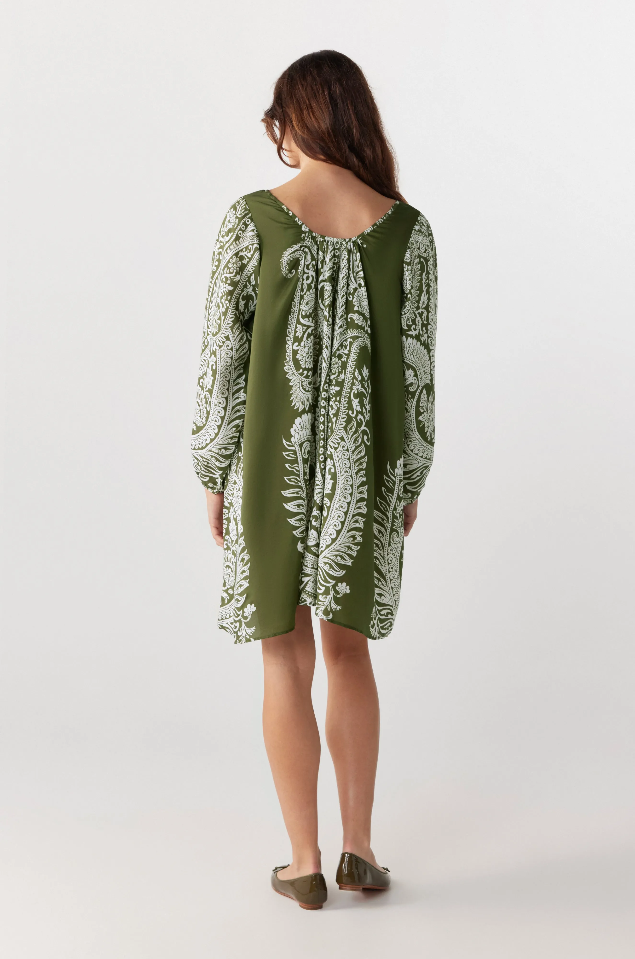 Anu Womens Khaki Paisley Silk Dress with Scoop Neck – Elegant & Stylish
