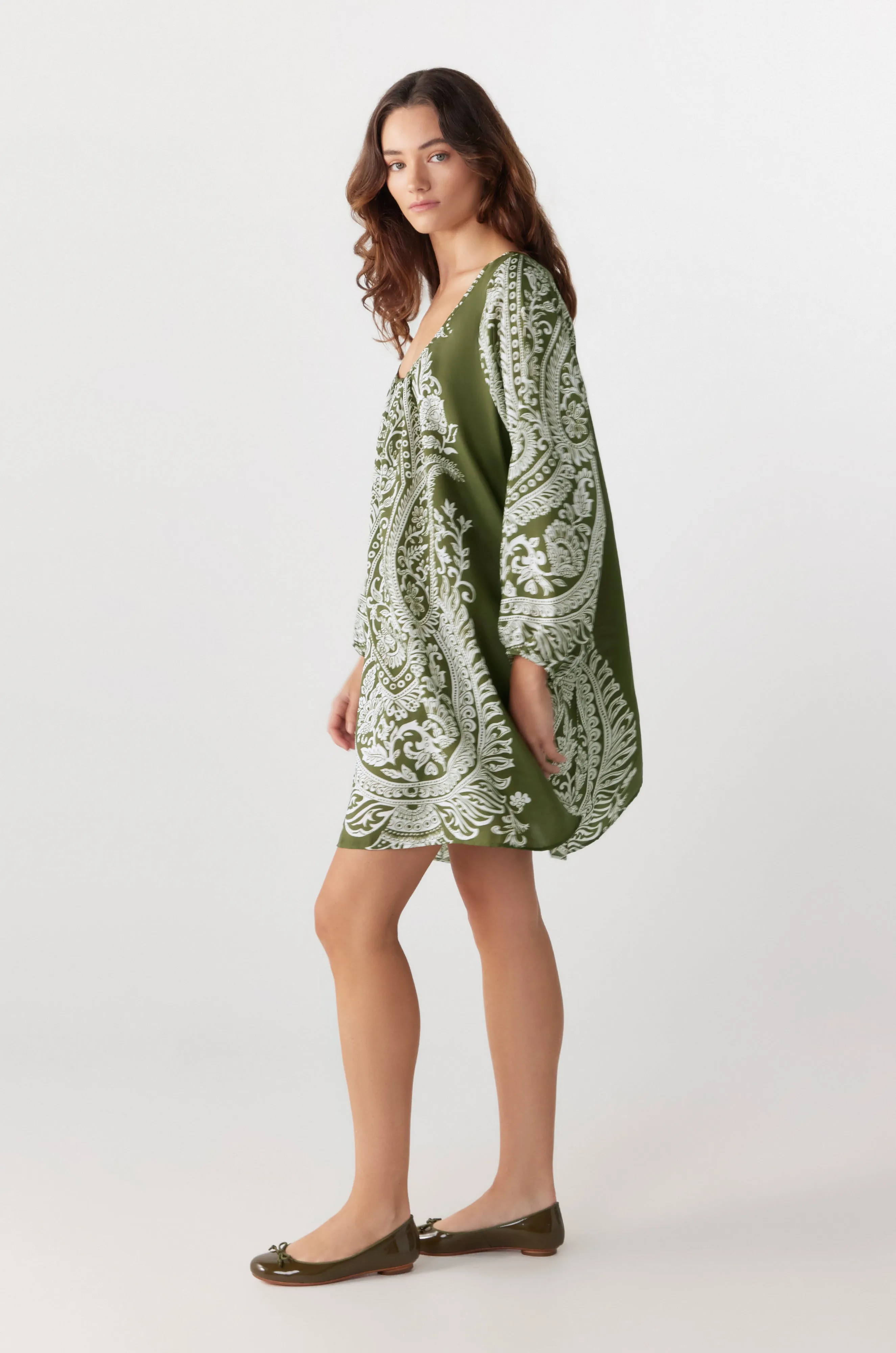 Anu Womens Khaki Paisley Silk Dress with Scoop Neck – Elegant & Stylish