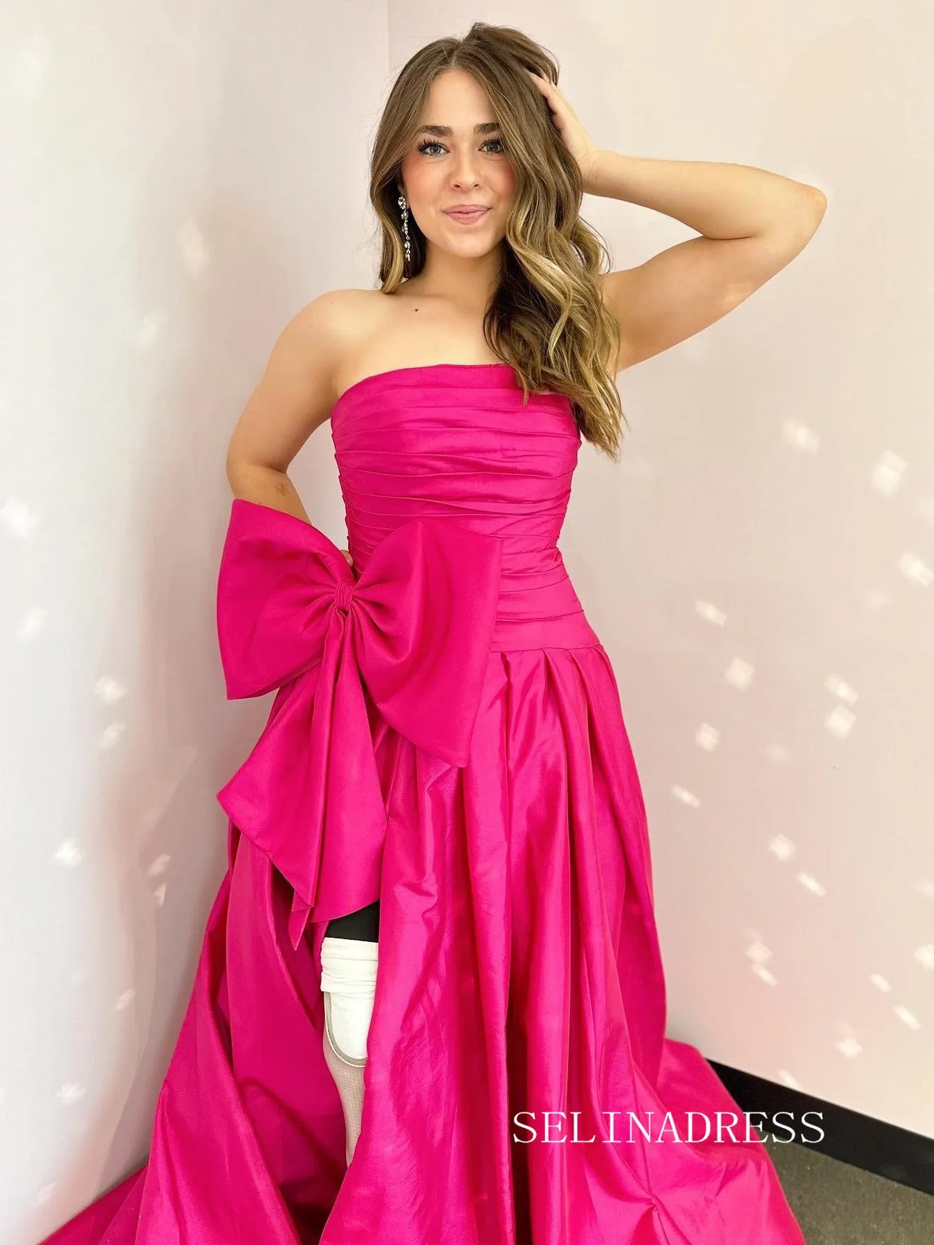 Charming A-line Strapless Hot Pink Satin Long Prom Dress with Slit lpk508