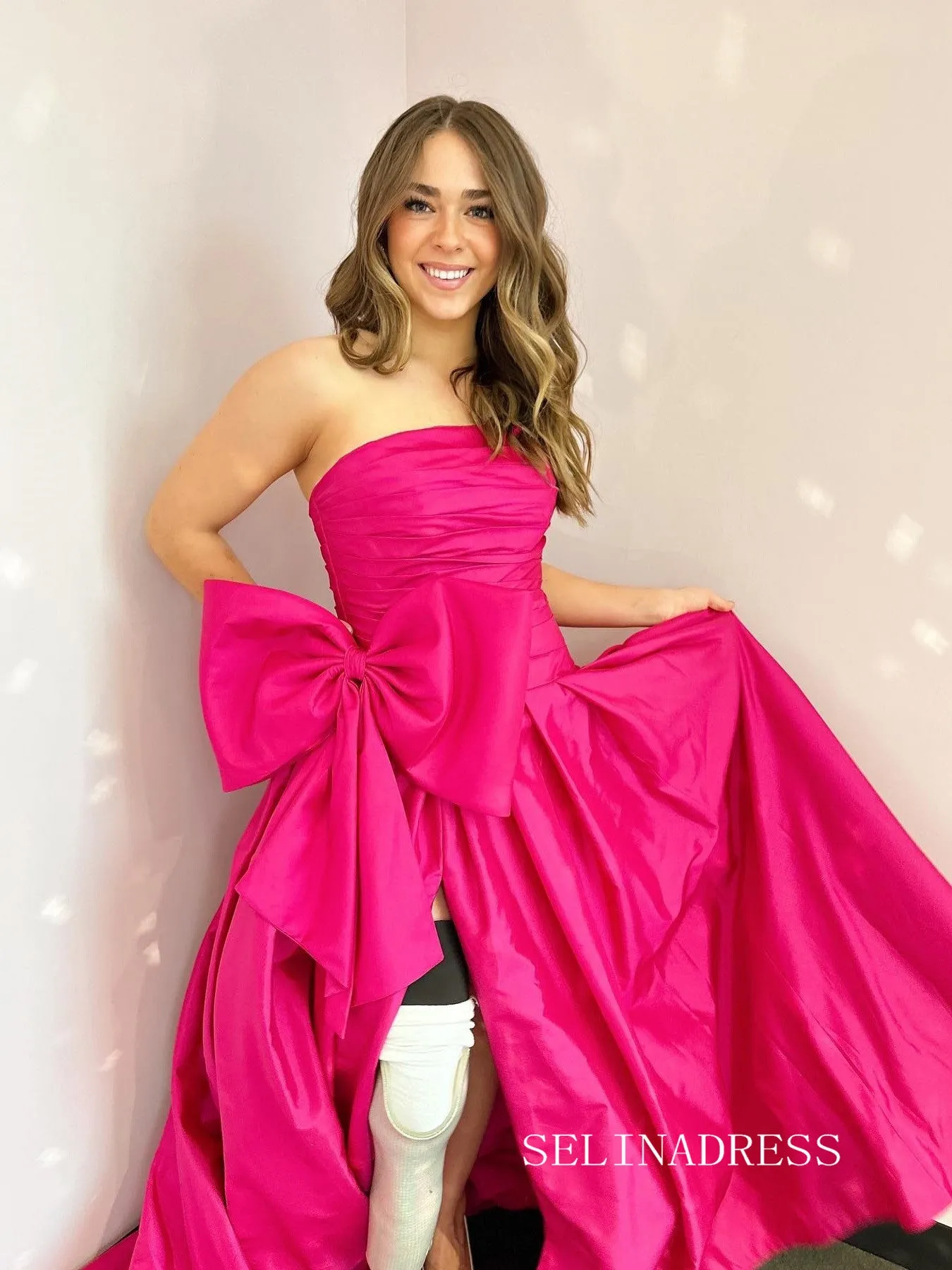 Charming A-line Strapless Hot Pink Satin Long Prom Dress with Slit lpk508