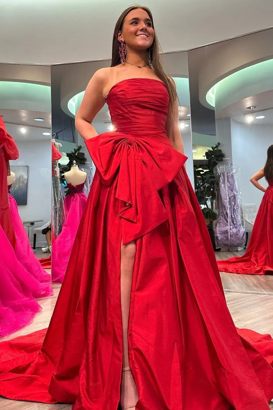 Charming A-line Strapless Hot Pink Satin Long Prom Dress with Slit lpk508