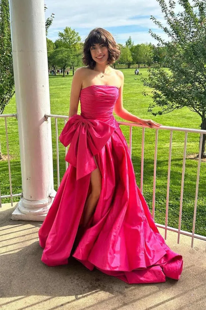 Charming A-line Strapless Hot Pink Satin Long Prom Dress with Slit lpk508