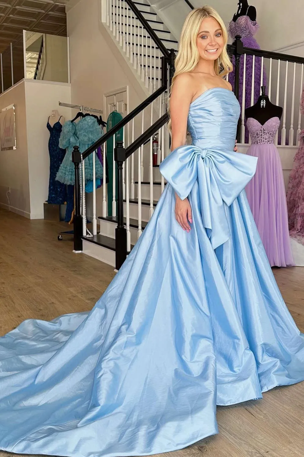 Charming A-line Strapless Hot Pink Satin Long Prom Dress with Slit lpk508